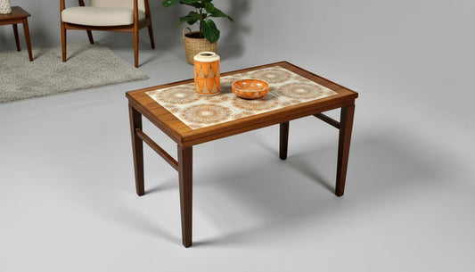 Vintage Danish Teak & Mahogany Coffee Table with Ceramic Tile Inlay – 1960s Mid-Century Modern