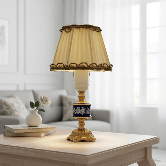 Vintage Swedish Rococo Table Lamp – Ceramic and Brass with Pleated Shade