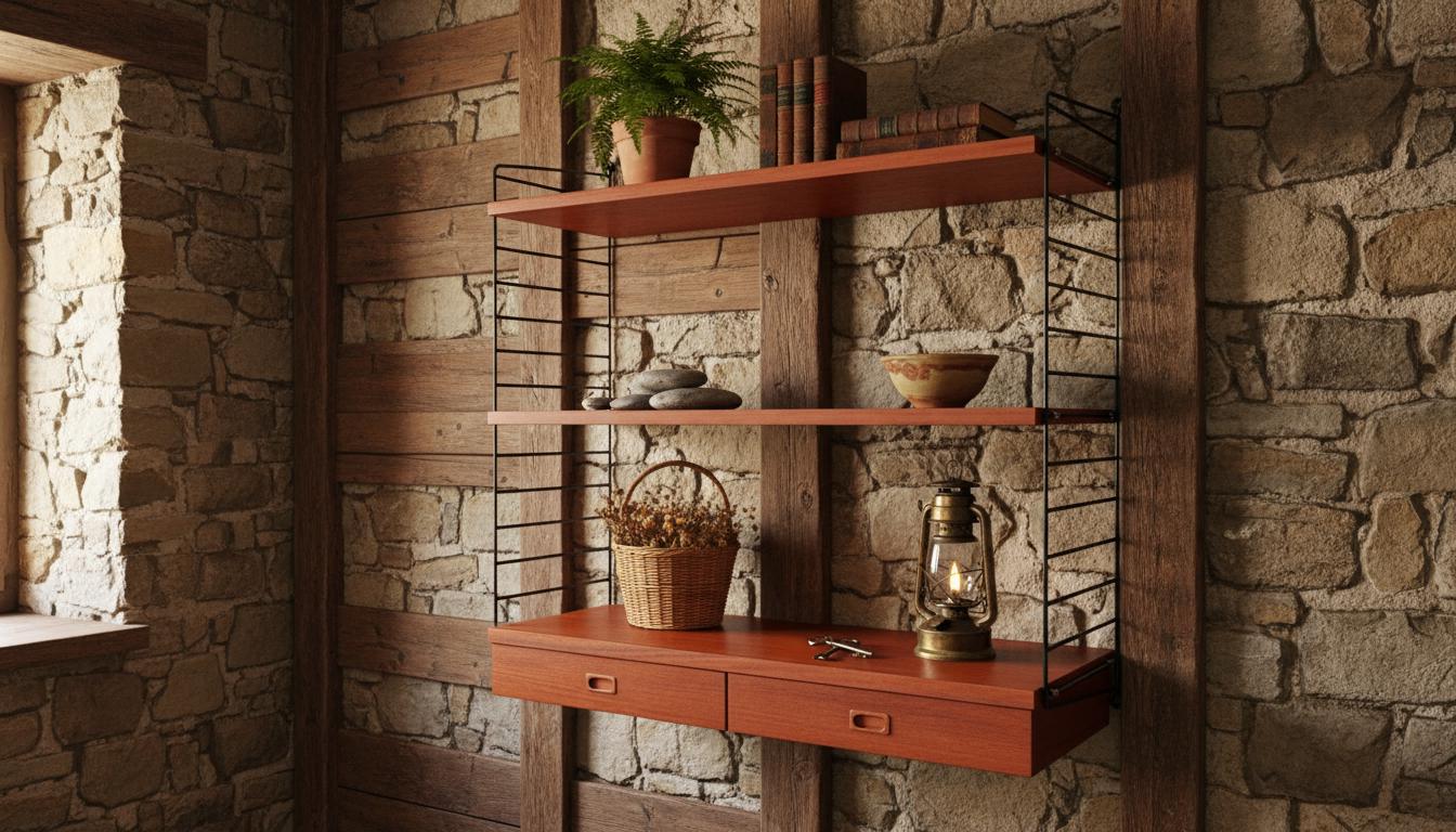 Danish teak String Shelf with Drawers, 1960s Scandinavian Wall Unit