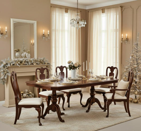 Vintage Solid Mahogany Queen Anne Dining Set • 6 Chairs + Extendable Table • Holiday Ready • Classic Dining Room Furniture
