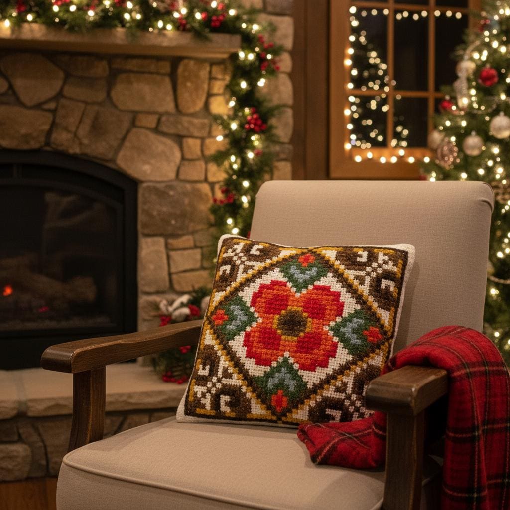 Vintage Scandinavian hand-embroidered cushion – Christmas poinsettia design, wool needlepoint pillow