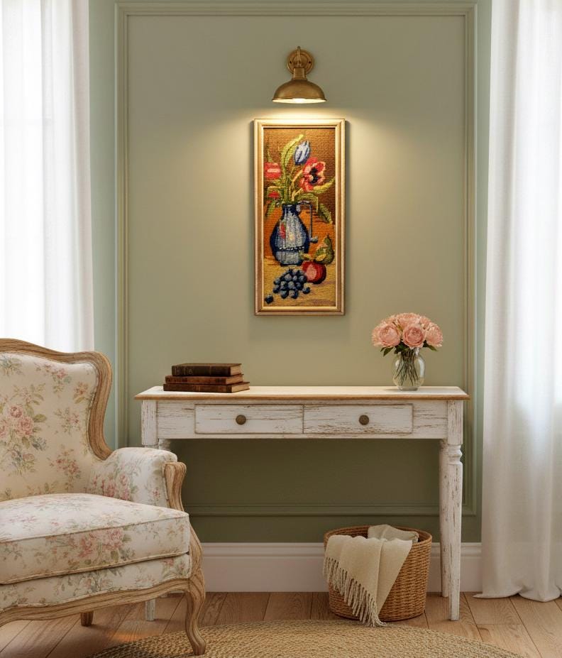 Vintage 1960s Scandinavian Needlepoint Floral Still Life in Wooden Frame - Hand-Stitched Wall Art