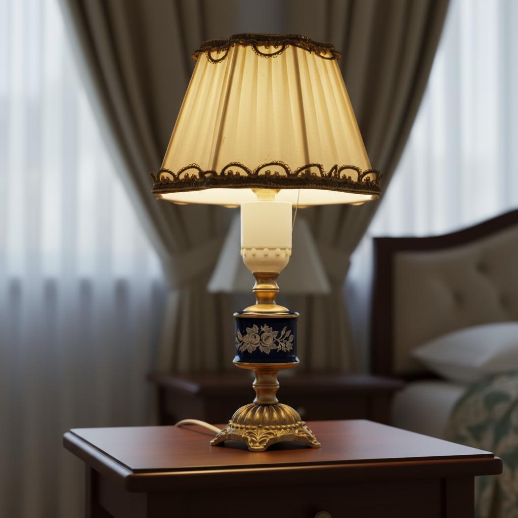 Vintage Swedish Rococo Table Lamp – Ceramic and Brass with Pleated Shade