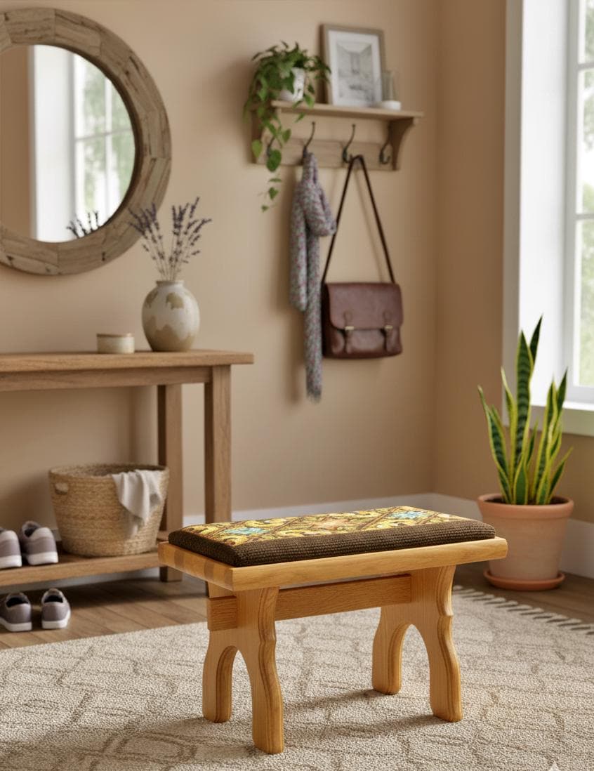 Rustic Wooden Stool with Embroidered Cushion – Farmhouse Entryway Bench