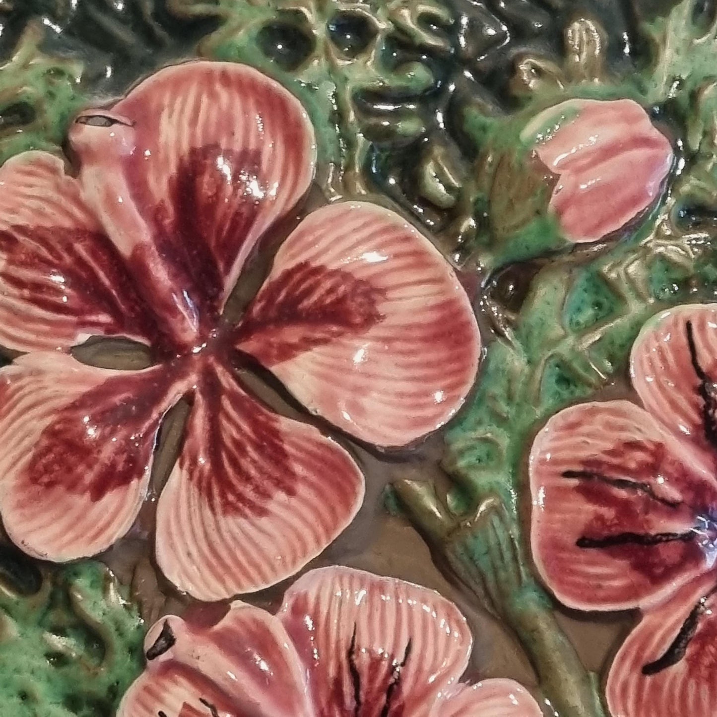 Wall Hanging Jie Gantofta Aimo Pink Geranium Ceramic Plaque Mid Century Scandinavian Swedish Floral Wall Art Green 1960s Sweden