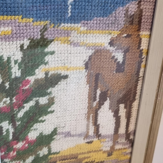Needlepoint Wall Art with Winter Scene, Framed Vintage Tapestry Picture, Bullfinch Birds and Deer in Snow, Scandinavian Christmas Wall Decor