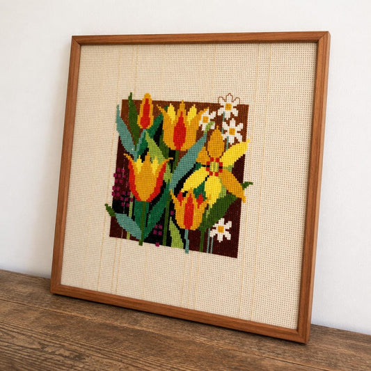 Vintage Scandinavian Needlepoint Tulip Wall Art – Swedish Folk Textile – Mid Century Floral Embroidery – Cottagecore Wall Decor