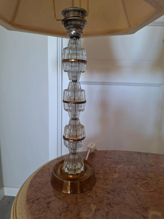 Signed Carl Fagerlund Table Lamp Pair – Orrefors Crystal & Brass, Original Shades, Swedish Mid-Century (1960s)