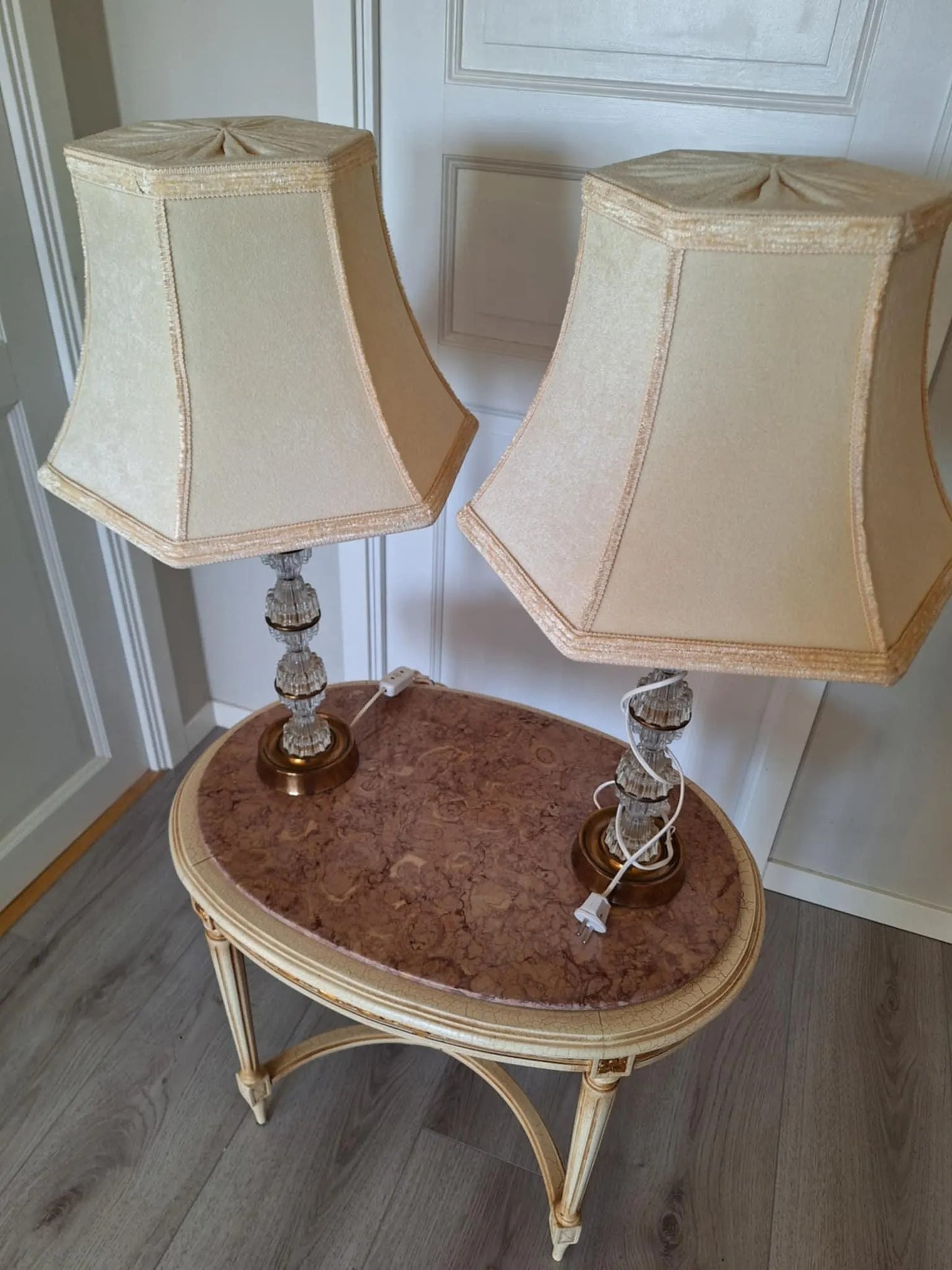 Signed Carl Fagerlund Table Lamp Pair – Orrefors Crystal & Brass, Original Shades, Swedish Mid-Century (1960s), timeless charm, authentic vintage
