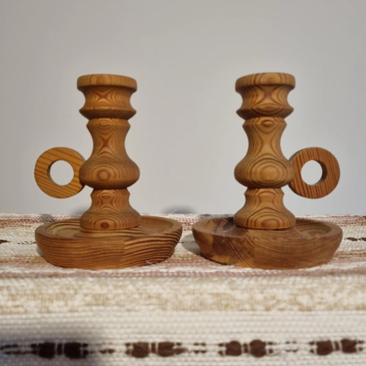 Vintage Hand-Turned Pine Candle Holders: Rustic Nordic Christmas Farmhouse Decor