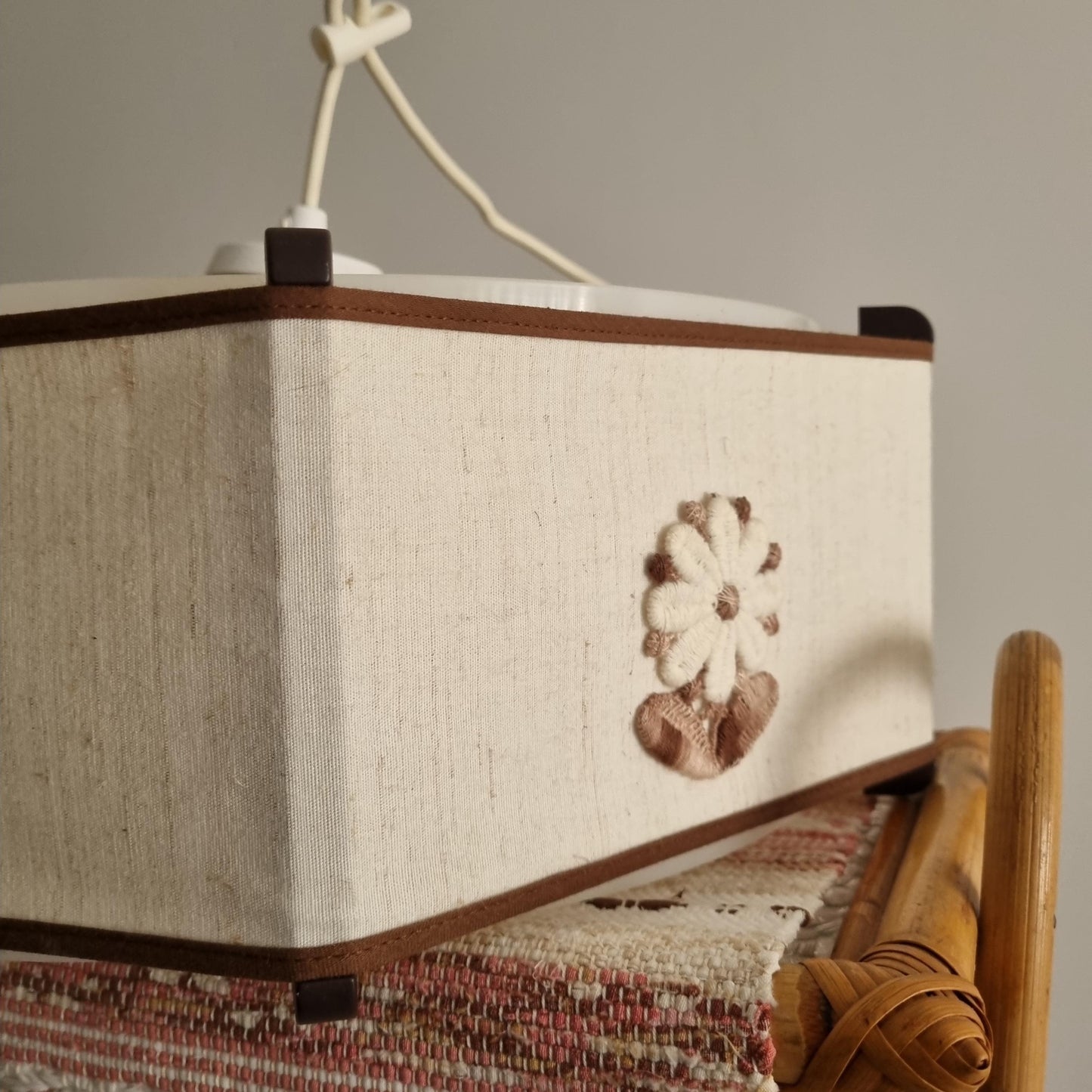 Mid-Century Scandinavian Pendant Lamp – 1970s Striped Fabric Ceiling Light, Danish Retro Textile Shade with floral detail