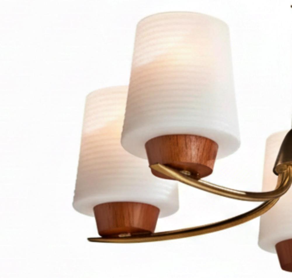 Vintage 1950s Swedish Chandelier: Mid-Century Modern Brass & Teak Opaline Glass Pendant Light