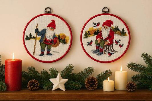 Vintage Scandinavian Christmas Embroidery Set – Santa Cross Stitch Wall Art, Nordic Holiday Decor