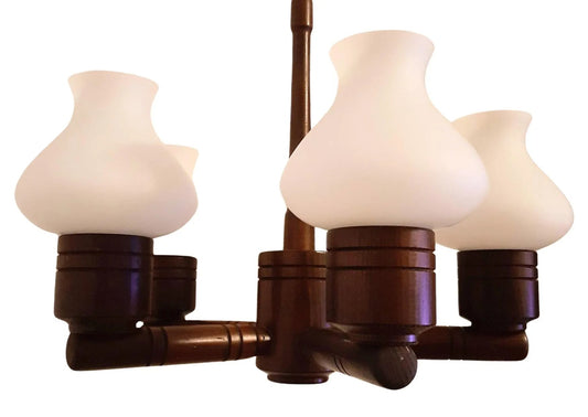 Vintage Teak & Opaline Glass Chandelier – Mid-Century Modern Danish Five-Arm Ceiling Light, authentic vintage charm.