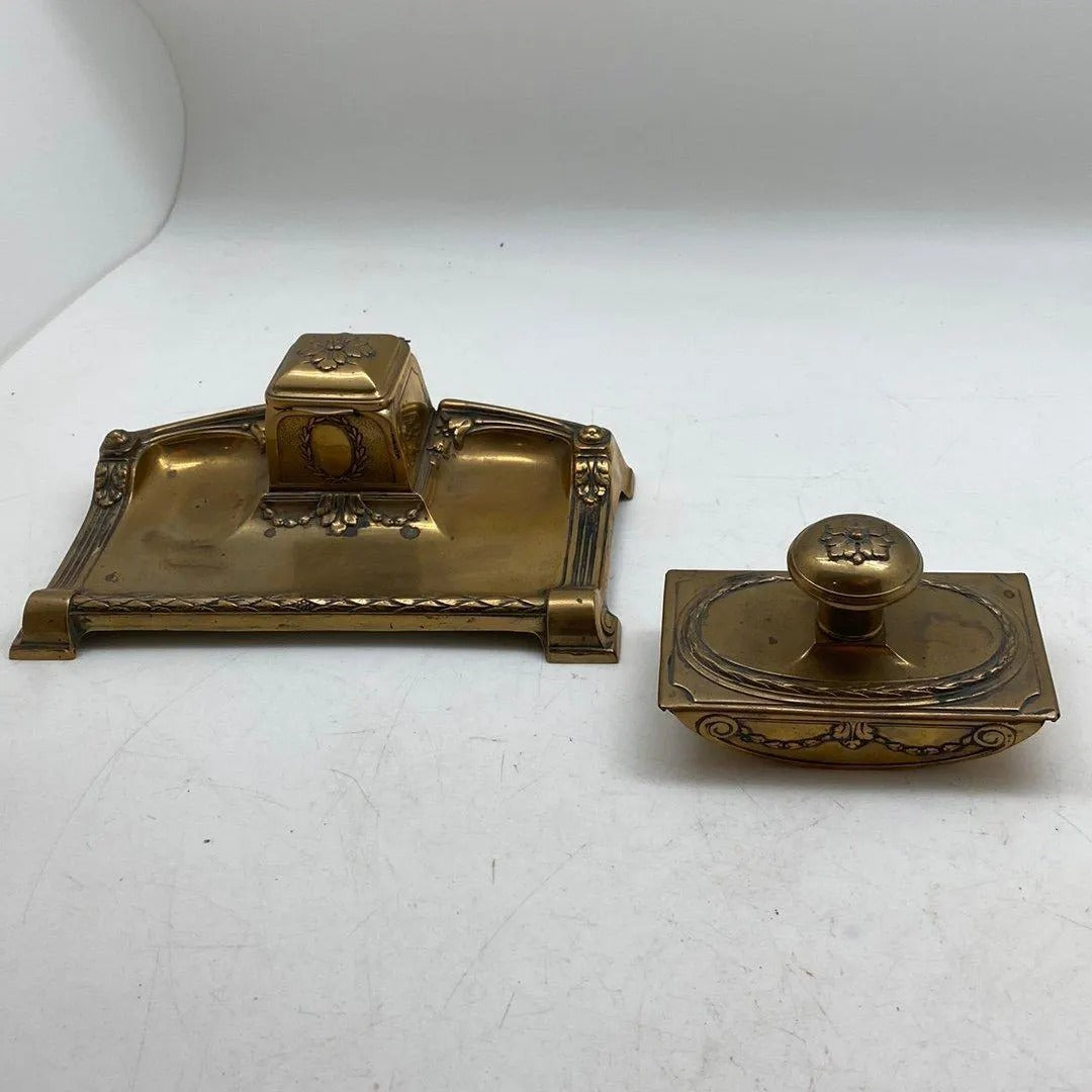 Art Nouveau Brass Desk Set - Elegant Office Accessory with Inkwell and Seal Press in polished brass finish