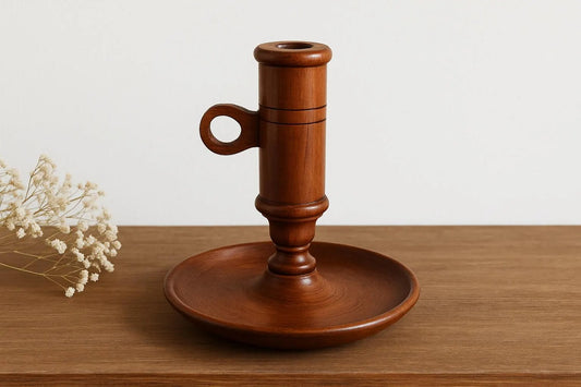 Vintage Wooden Chamberstick Candle Holder: Rustic Farmhouse Decor