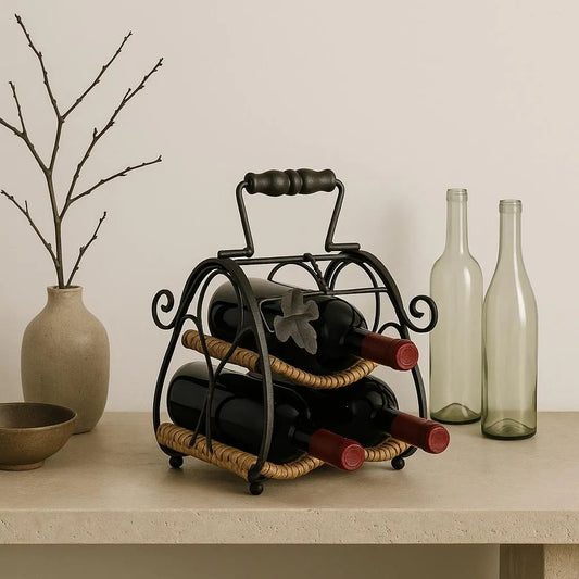 Vintage Metal and Rattan 3 Bottles Wine Rack with Grape Leaves Decoration/Metal and Wicker 3 Bottles Wine Holder Rack/Countertop Wine Rack