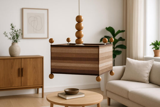 1970s Scandinavian Pendant Lamp: Pine Wood & Textile Shade