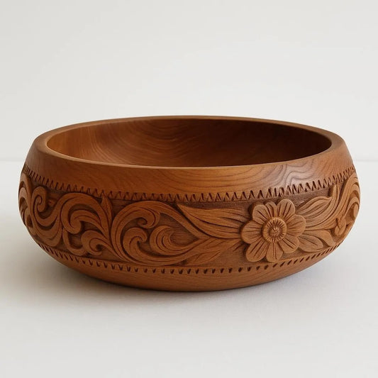Hand Carved Teak Wood Bowl: Mid-Century Scandinavian Floral Centerpiece