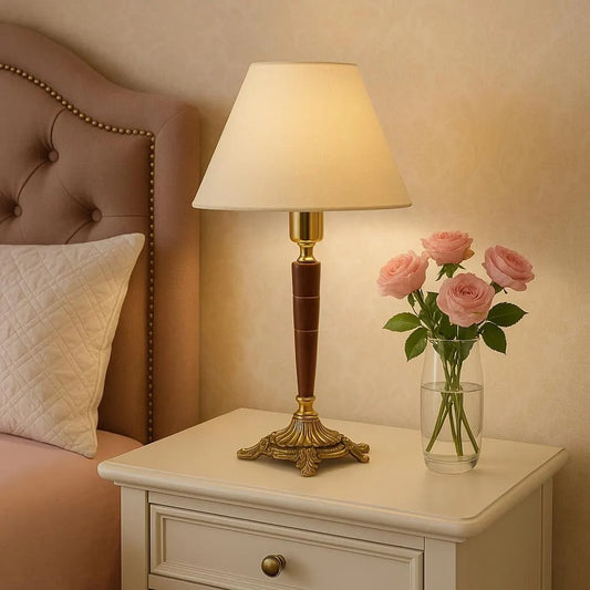 Vintage Teak and Brass Table Lamp with Cream Lampshade – Elegant Mid-Century Lighting