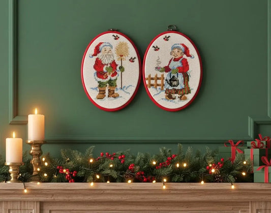 Hand-embroidered Santa & Mrs. Claus Christmas Decor - Vintage Cross Stitch Set