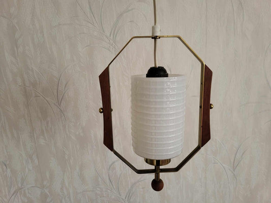 Mid Century Teak & Brass Ceiling Lamp: Milk Glass Shade, Scandinavian Retro Design