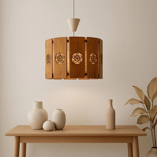 Vintage Scandinavian Wood Pendant Light: Carved Medallions, Japandi Style