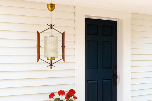 Scandinavian Mid-Century Ceiling Lamp – Teak, Metal & Milk Glass (1960s–70s)