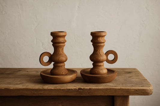 Vintage Hand-Turned Pine Candle Holders: Rustic Nordic Christmas Farmhouse Decor with timeless charm in authentic vintage style