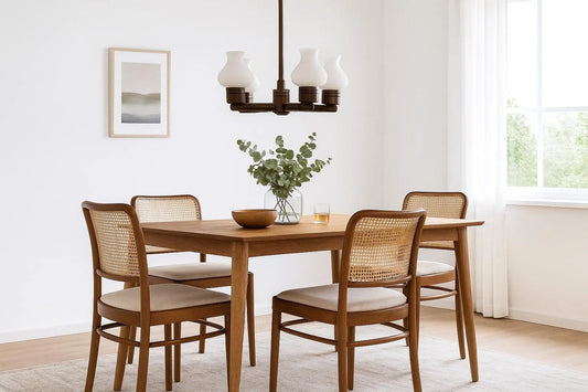 Vintage Teak & Opaline Glass Chandelier - Mid Century Modern Danish Light