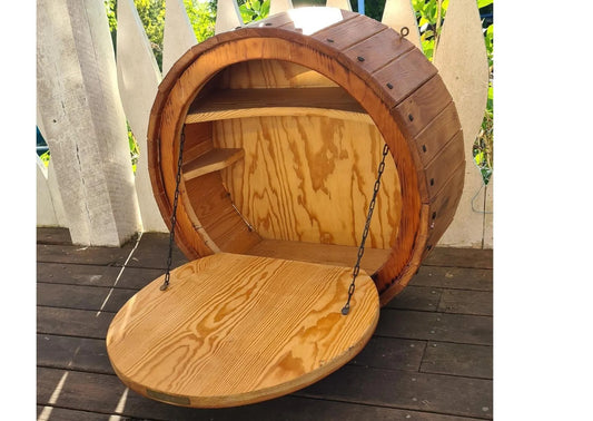 Handmade Reclaimed Beer Barrel Liquor Cabinet: Rustic Wall-Mounted Bar