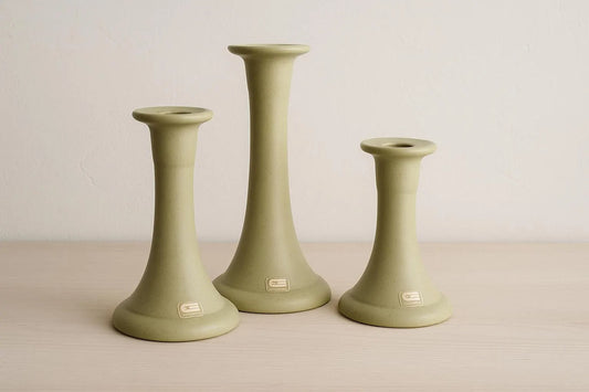 Vintage Guldkroken Hjo Sweden Olive Green Ceramic Candle Holders – Set of 3