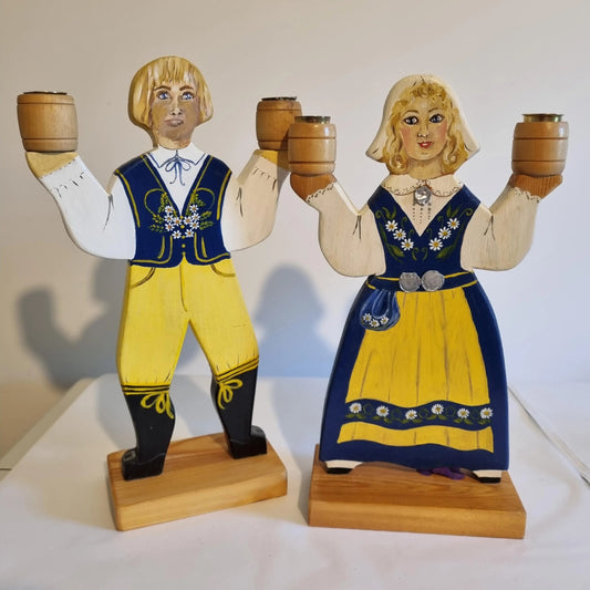 Swedish Hand Painted Folk Art Wooden Candle Holders – Atelje Ladetorp, Signed Design
