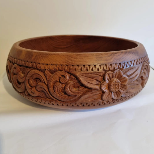 Hand Carved Teak Wood Bowl: Mid-Century Scandinavian Floral Centerpiece