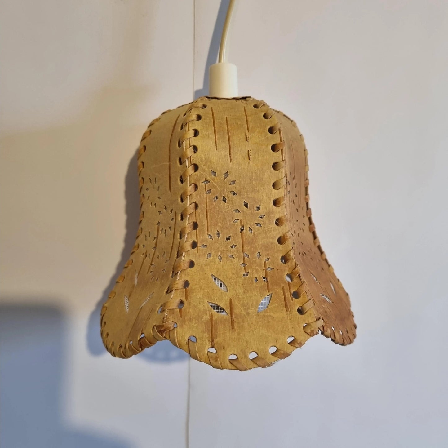 Vintage Scandinavian Birch Bark Hanging Lamp – Hand-Carved, Woven & Stitched Pendant Light showcasing timeless charm and authentic vintage design.