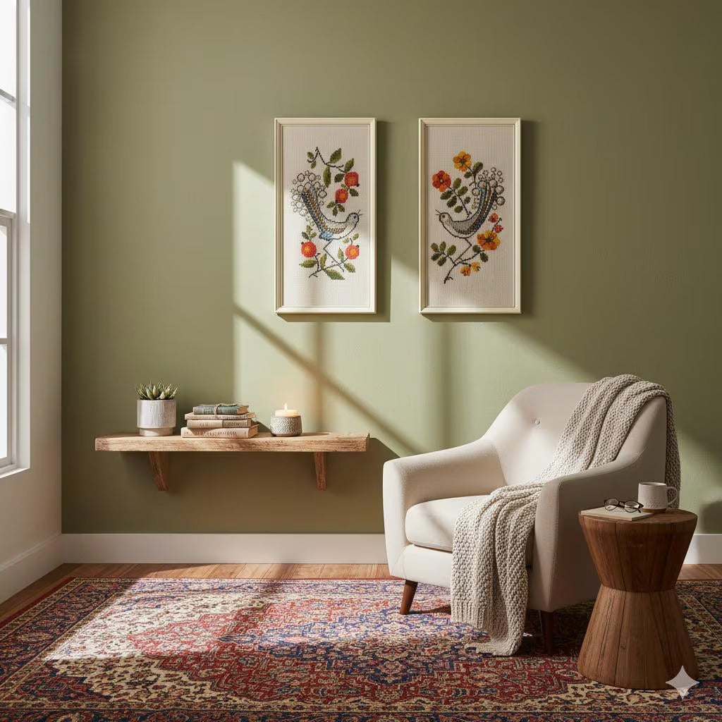 Vintage Folk Art Bird Embroidery Pair – Framed Cross Stitch Wall Art (Set of 2)