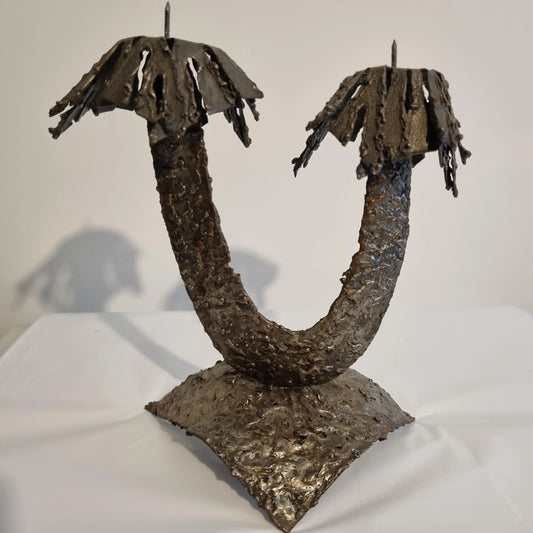 Brutalist Metal Candelabra: Mid Century Modern Iron Candle Holder