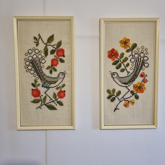Vintage Folk Art Bird Embroidery Pair – Framed Cross Stitch Wall Art (Set of 2)