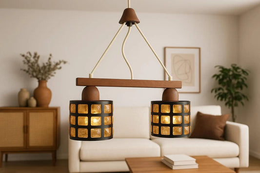 Mid Century Teak Pendant Lamp: Amber Glass Scandinavian Ceiling Light