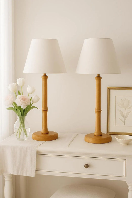 Vintage Mid-Century Modern Pine Table Lamps – Scandinavian Design, Pair