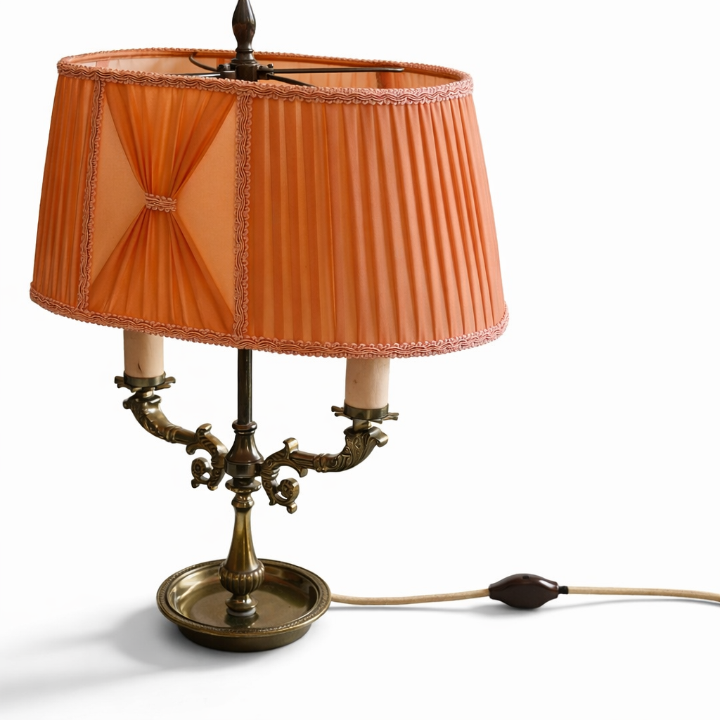 Brass Candelabra Table Lamp – Two Arm Bouillotte Style, Orange Pleated Shade, 1930s–1940s