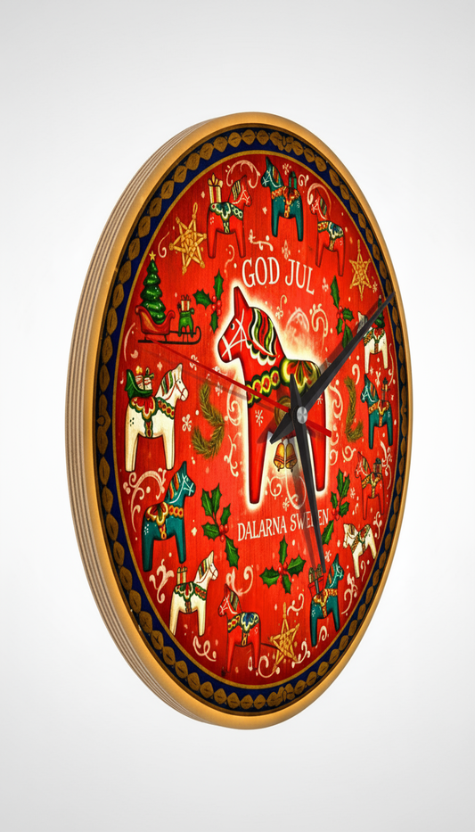 Swedish Christmas Wall Clock – Dala Horse "God Jul" | Scandinavian Holiday Style