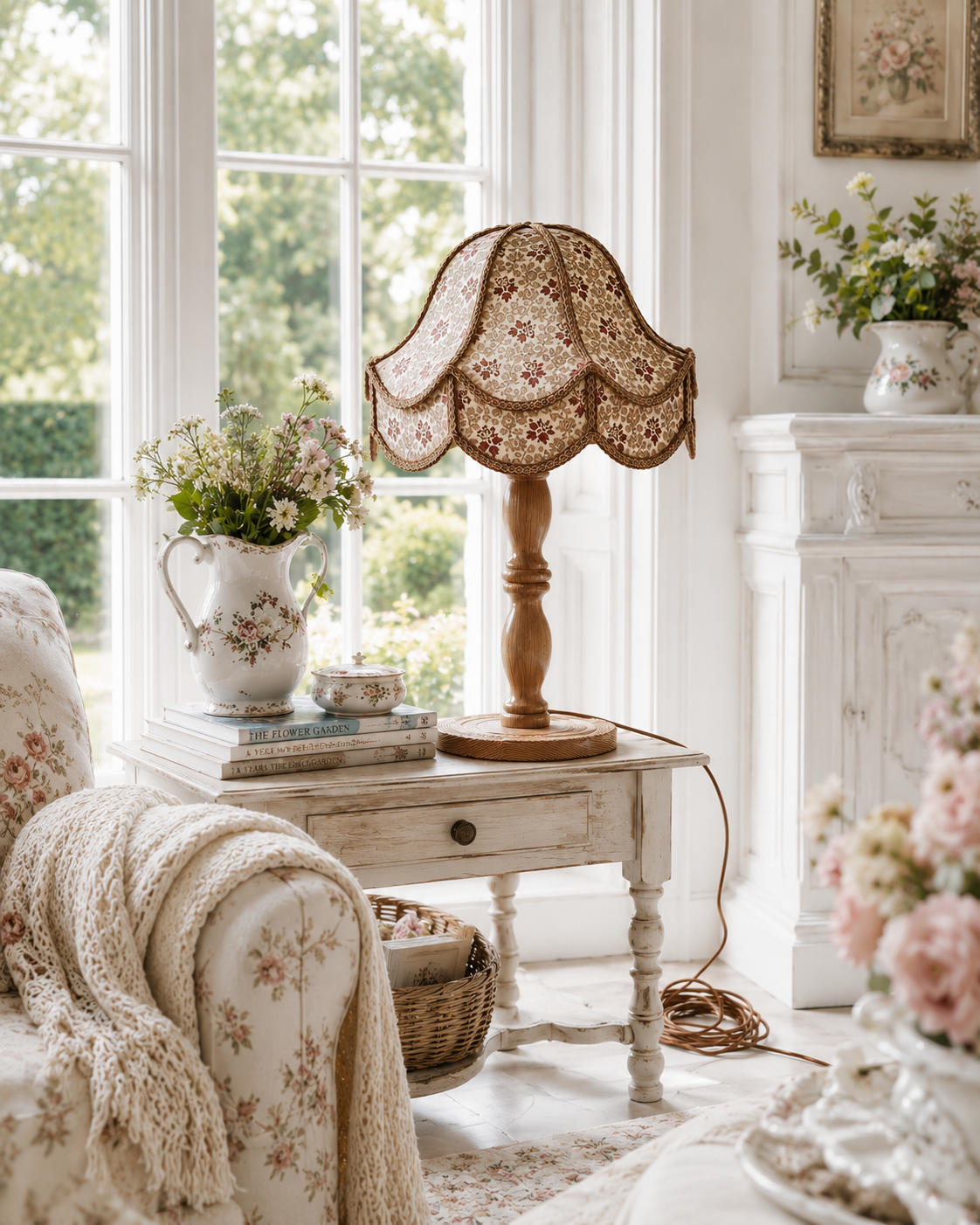 Pine Table Lamp Floral Scalloped Shade Swedish Cottage Bedside Light Markslöjd