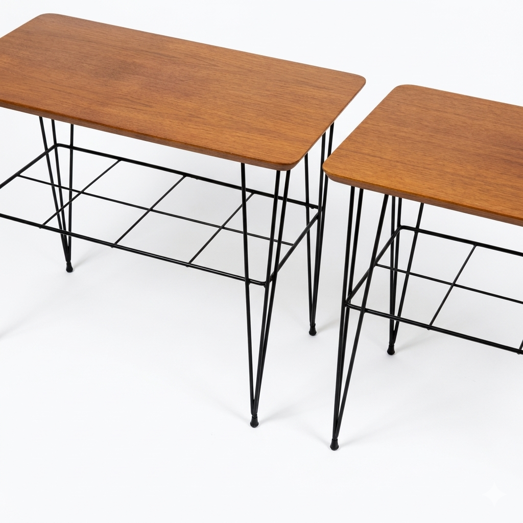 Pair of Scandinavian Teak & Iron Wire Side Tables with Magazine Rack – 1950s, authentic vintage, timeless charm.