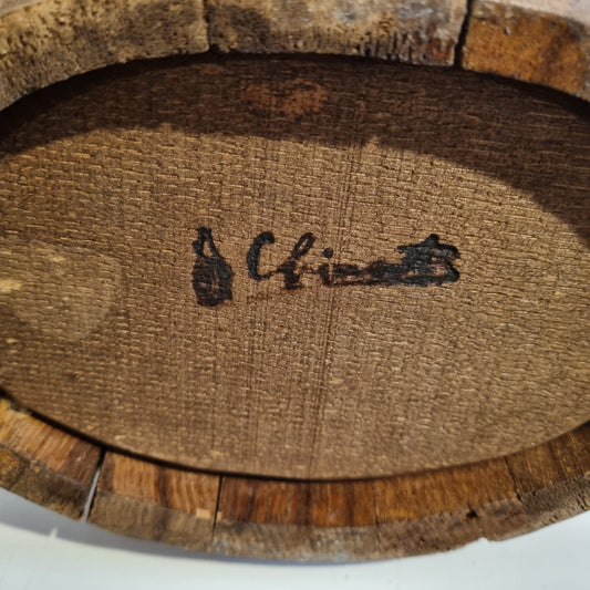 Vintage Wooden Umbrella Stand, Barrel Style, Rustic Entryway Decor, Leather Crest Detail