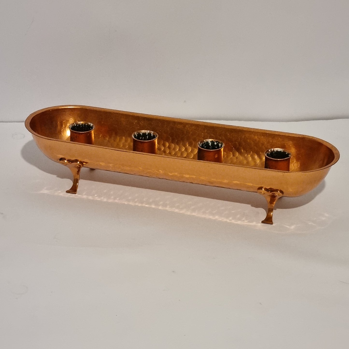 Vintage Hammered Copper Candle Holder Tray – 4 Pillar Candles, Footed