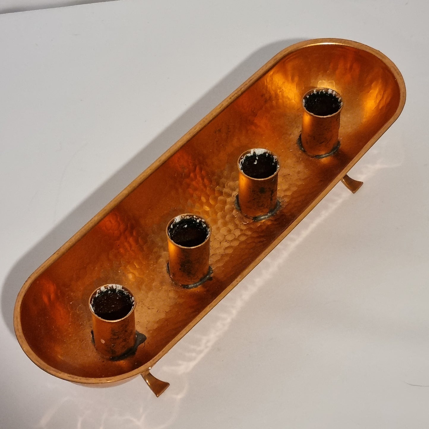 Vintage Hammered Copper Candle Holder Tray – 4 Pillar Candles, Footed