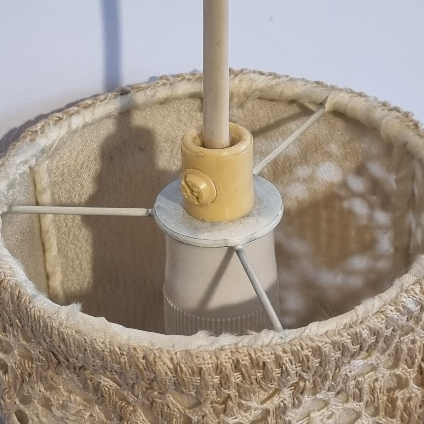 Close-up of Vintage Scandinavian Lace Pendant Lamp – Handwoven Crochet Shade showing intricate handmade light cover detail, timeless charm