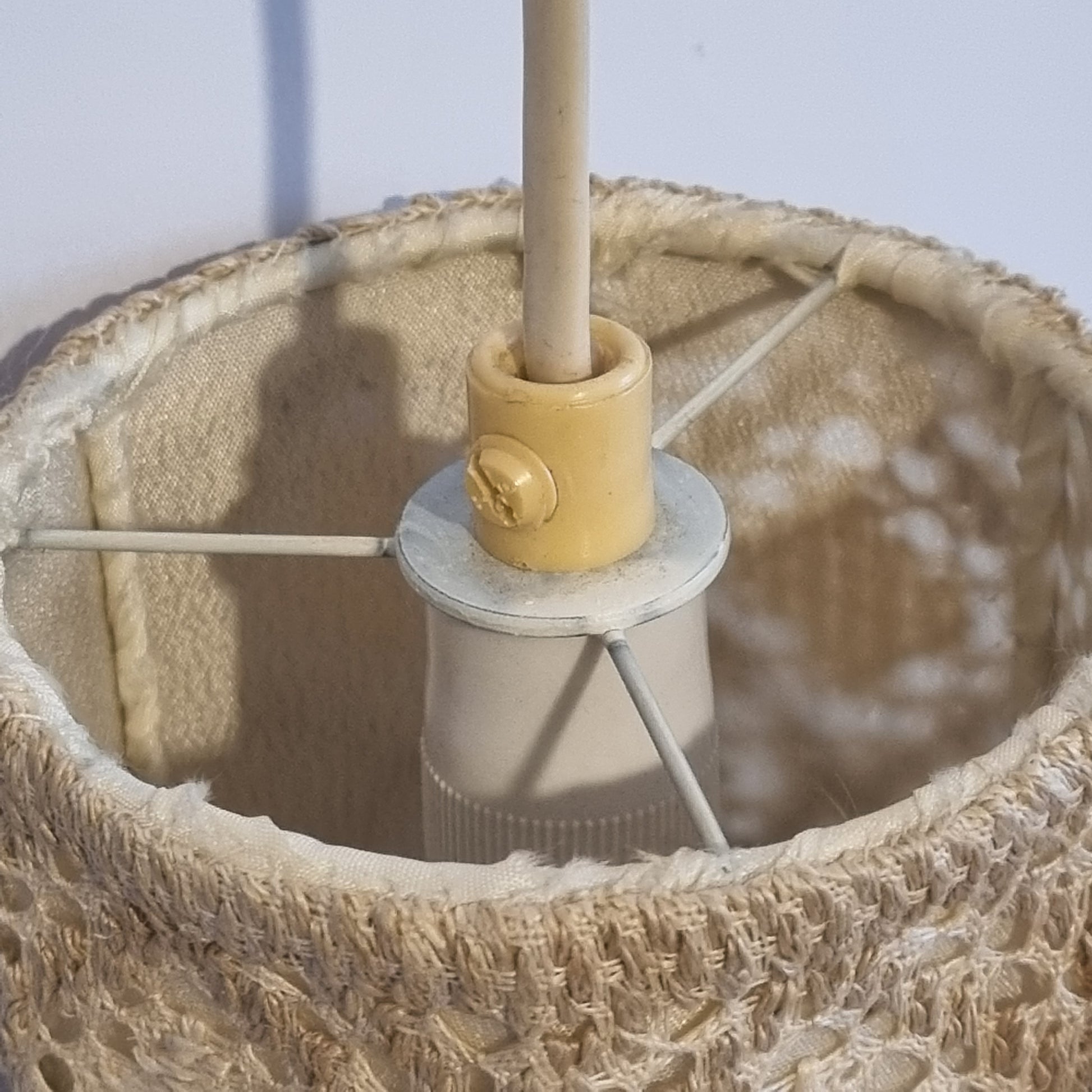 Close-up of Vintage Scandinavian Lace Pendant Lamp – Handwoven Crochet Shade showing intricate handmade light cover detail, timeless charm