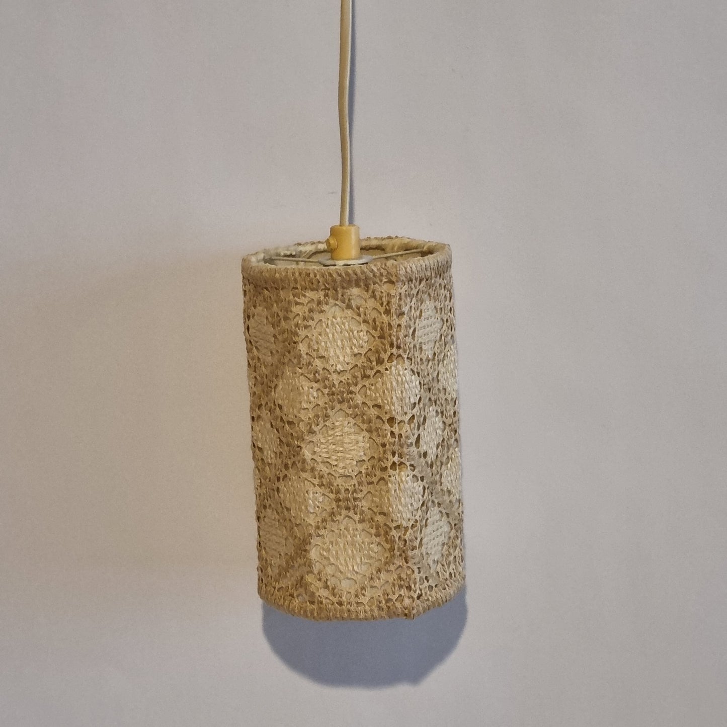 Vintage Scandinavian Lace Pendant Lamp – Handwoven Crochet Shade featuring authentic vintage charm, timeless mid-century modern design.